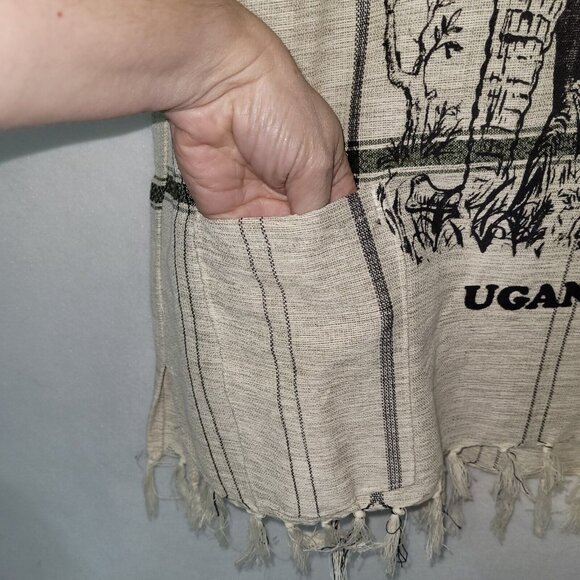 African Elephant Printed Kikoy Shirt Adult XL Beige Uganda Woven Hemp Pockets - Picture 5 of 12